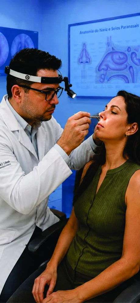 Dr. Bruno Otorrino examinando o nariz de uma paciente