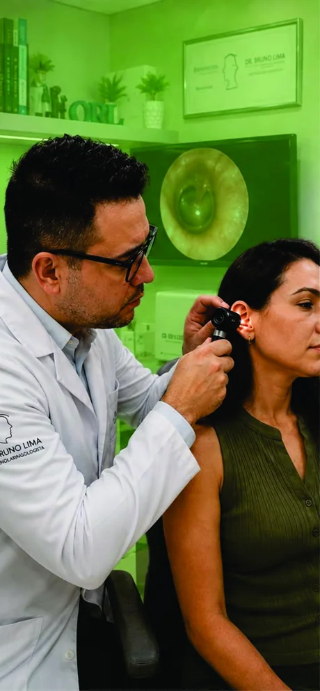 Dr. Bruno Otorrino examinando o ouvido de uma paciente